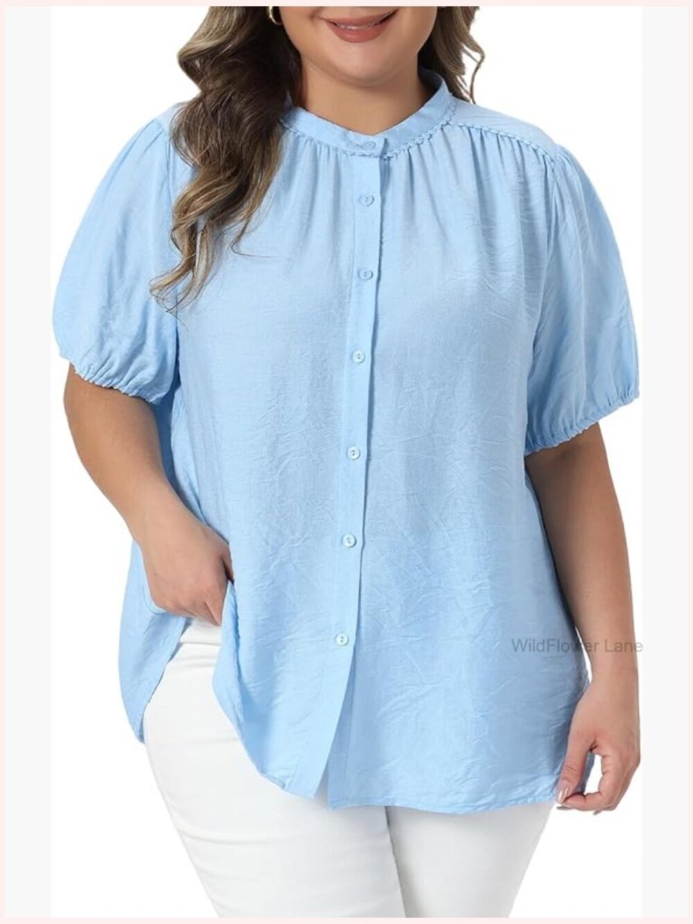 Plus Size Button Down Blouse Puff Sleeve Stand Collar Summer Work Top